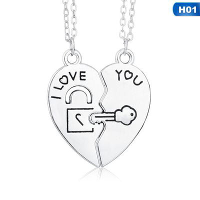 His and Hers Stainless Steel I Love You Lock Key Heart Pendant Couple's Necklace 